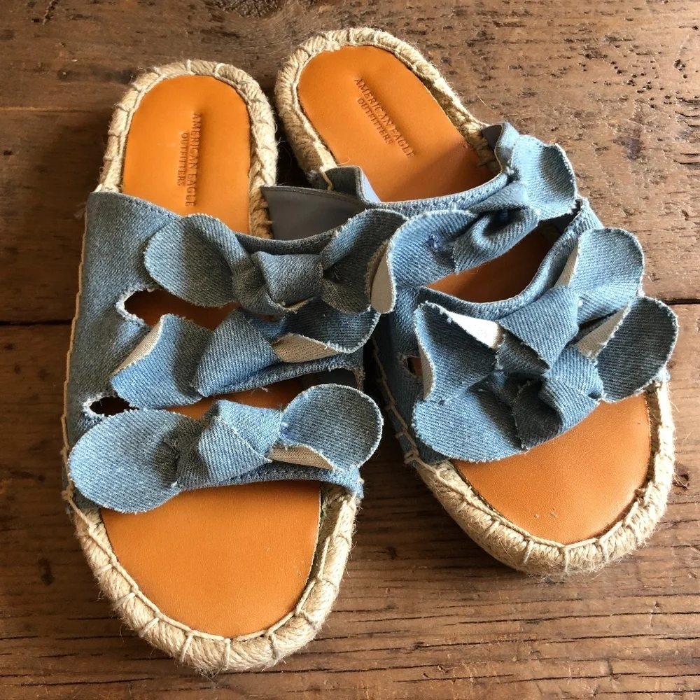 American Eagle denim triple knot flat form sandals